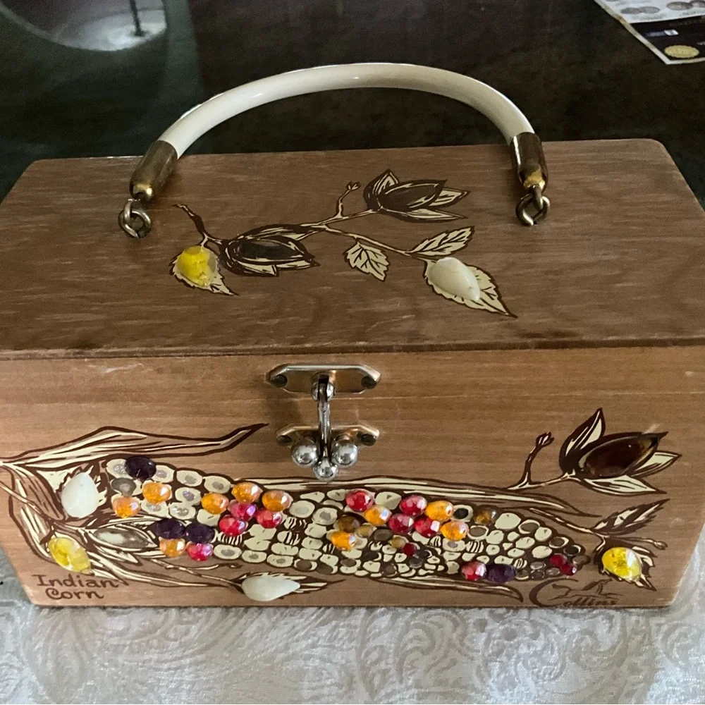 Vintage Enid Collins Texas Indian Corn Wood Box Purse Signed Mirror Inside - Picture 15 of 16